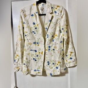LOFT White Floral Blazer with Blue and Yellow Accents Size 6